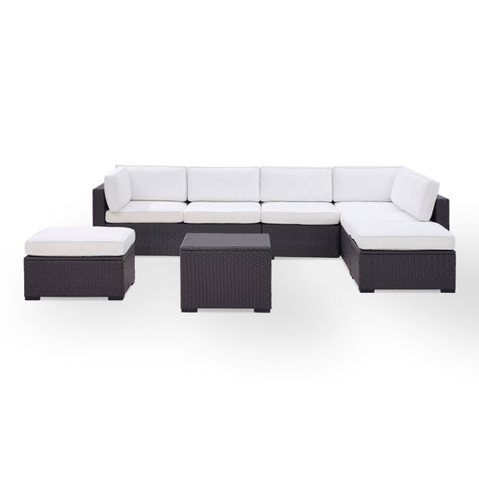 Biscayne 6Pc Outdoor Wicker Sectional Set White/Brown - Armless Chair, Coffee Table, 2 Loveseats, & 2 Ottomans