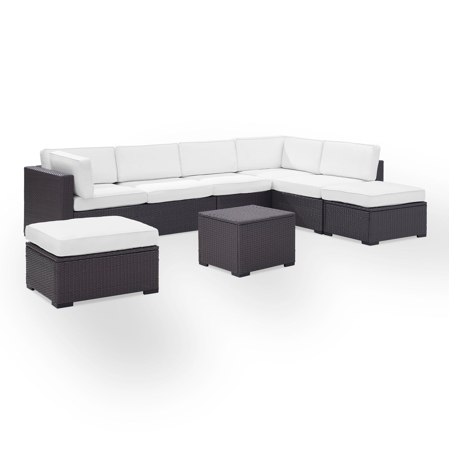 Biscayne 6Pc Outdoor Wicker Sectional Set White/Brown - Armless Chair, Coffee Table, 2 Loveseats, & 2 Ottomans