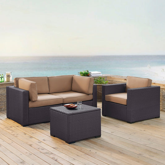 Biscayne 4Pc Outdoor Wicker Conversation Set Mocha/Brown - Arm Chair, Coffee Table, & 2 Corner Chairs