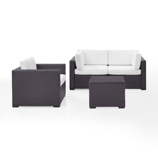 Biscayne 4Pc Outdoor Wicker Conversation Set White/Brown - Arm Chair, Coffee Table, & 2 Corner Chairs