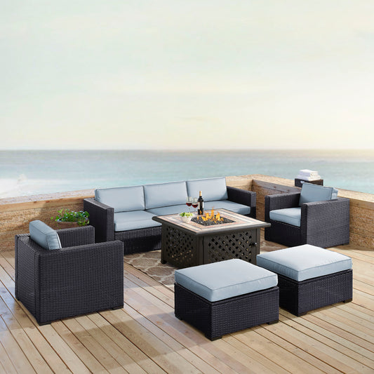 Biscayne 7Pc Outdoor Wicker Sectional Set W/Fire Table Mist/Brown - Loveseat, Corner Chair, Tucson Fire Table, 2 Armchairs, & 2 Ottomans