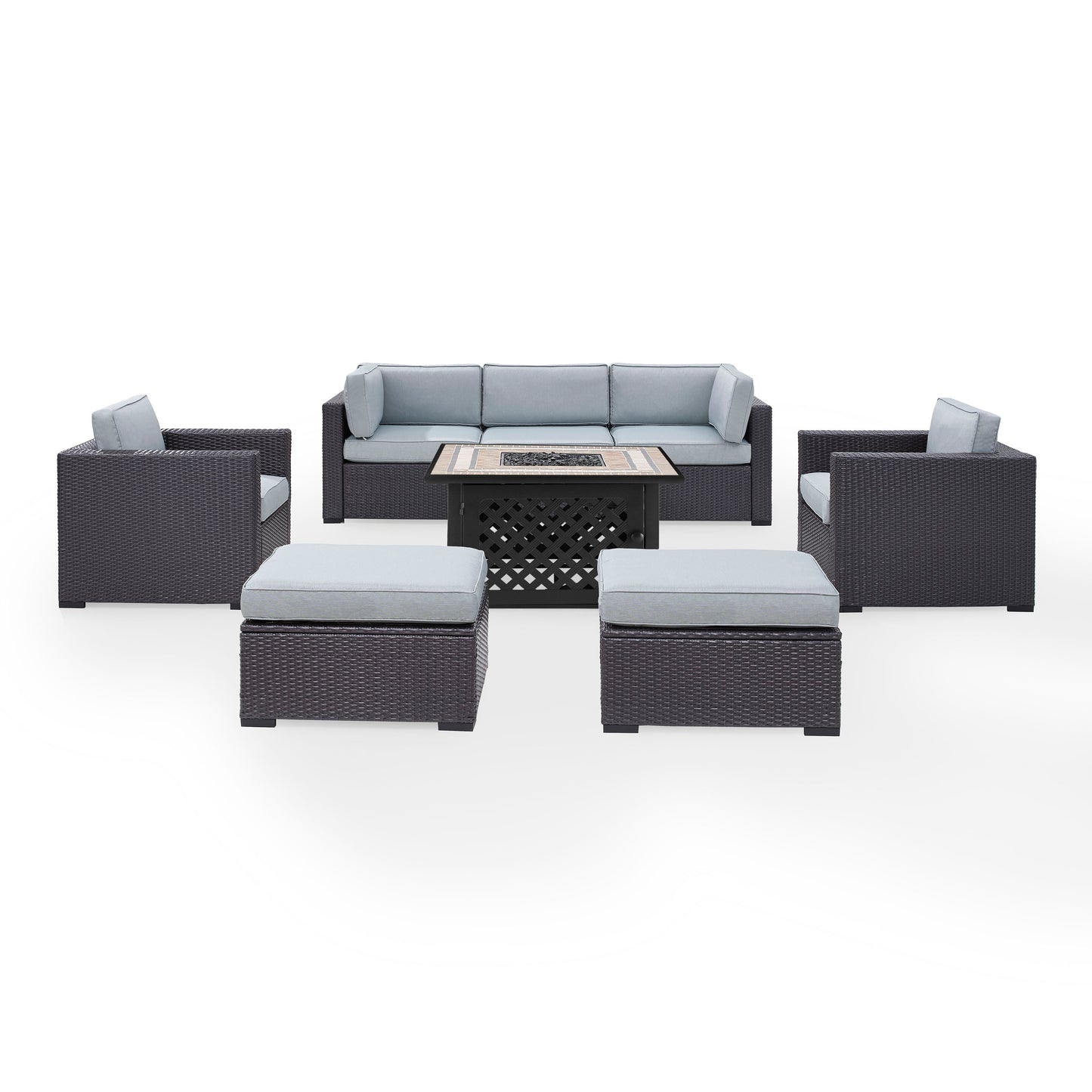 Biscayne 7Pc Outdoor Wicker Sectional Set W/Fire Table Mist/Brown - Loveseat, Corner Chair, Tucson Fire Table, 2 Armchairs, & 2 Ottomans