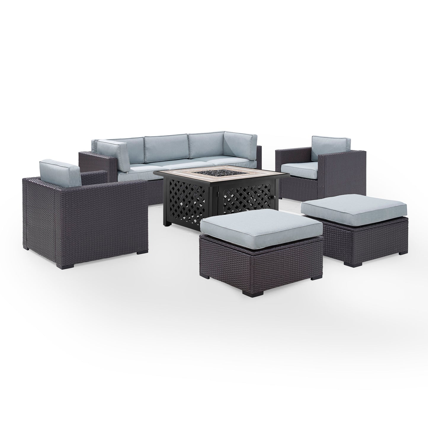 Biscayne 7Pc Outdoor Wicker Sectional Set W/Fire Table Mist/Brown - Loveseat, Corner Chair, Tucson Fire Table, 2 Armchairs, & 2 Ottomans