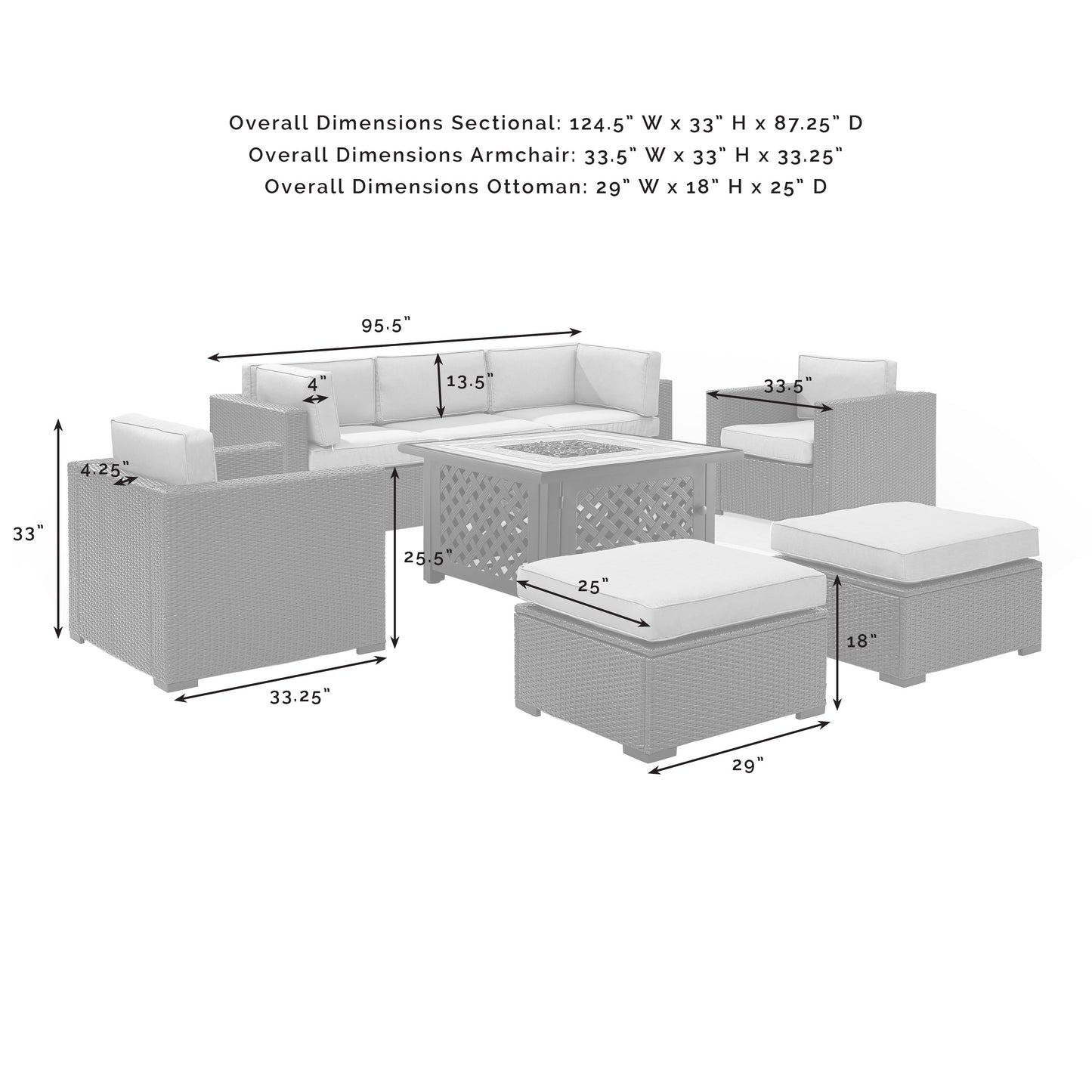 Biscayne 7Pc Outdoor Wicker Sectional Set W/Fire Table Mist/Brown - Loveseat, Corner Chair, Tucson Fire Table, 2 Armchairs, & 2 Ottomans