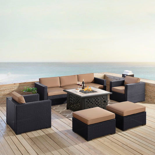 Biscayne 7Pc Outdoor Wicker Sectional Set W/Fire Table Mocha/Brown - Loveseat, Corner Chair, Tucson Fire Table, 2 Armchairs, & 2 Ottomans