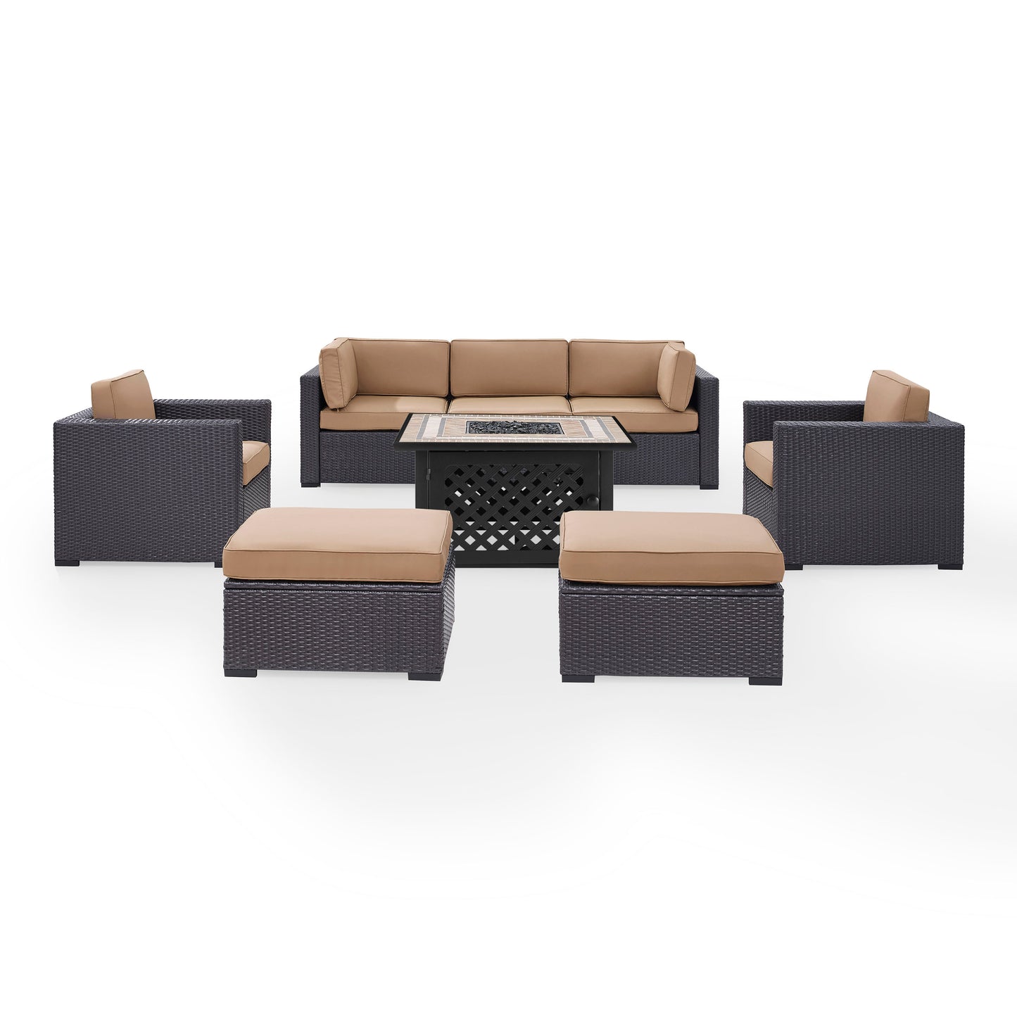 Biscayne 7Pc Outdoor Wicker Sectional Set W/Fire Table Mocha/Brown - Loveseat, Corner Chair, Tucson Fire Table, 2 Armchairs, & 2 Ottomans