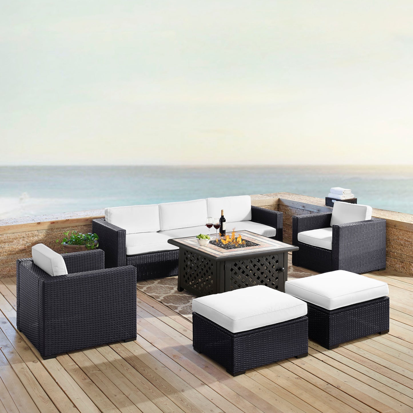 Biscayne 7Pc Outdoor Wicker Sectional Set W/Fire Table White/Brown - Loveseat, Corner Chair, Tucson Fire Table, 2 Armchairs, & 2 Ottomans