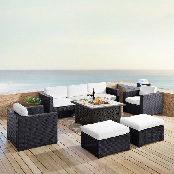 Biscayne 7Pc Outdoor Wicker Sectional Set W/Fire Table White/Brown - Loveseat, Corner Chair, Tucson Fire Table, 2 Armchairs, & 2 Ottomans