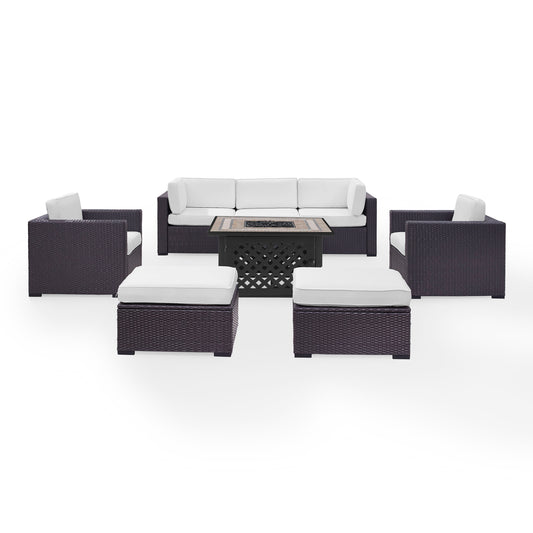 Biscayne 7Pc Outdoor Wicker Sectional Set W/Fire Table White/Brown - Loveseat, Corner Chair, Tucson Fire Table, 2 Armchairs, & 2 Ottomans