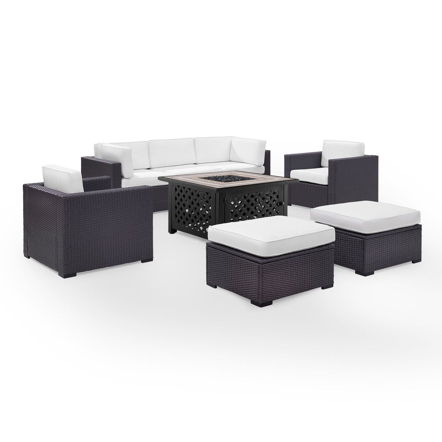 Biscayne 7Pc Outdoor Wicker Sectional Set W/Fire Table White/Brown - Loveseat, Corner Chair, Tucson Fire Table, 2 Armchairs, & 2 Ottomans