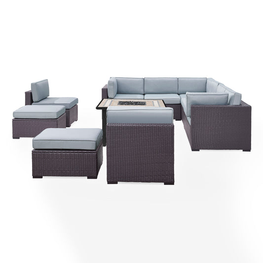 Biscayne 8Pc Outdoor Wicker Sectional Set W/Fire Table Mist/Brown - 3 Loveseats, 2 Armless Chairs, 2 Ottomans, & Tucson Fire Table