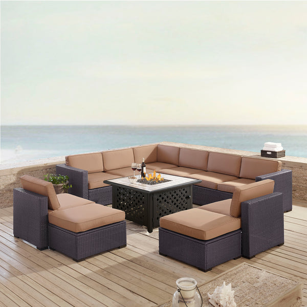 Biscayne 8Pc Outdoor Wicker Sectional Set W/Fire Table Mocha/Brown - 3 Loveseats, 2 Armless Chairs, 2 Ottomans, & Tucson Fire Table