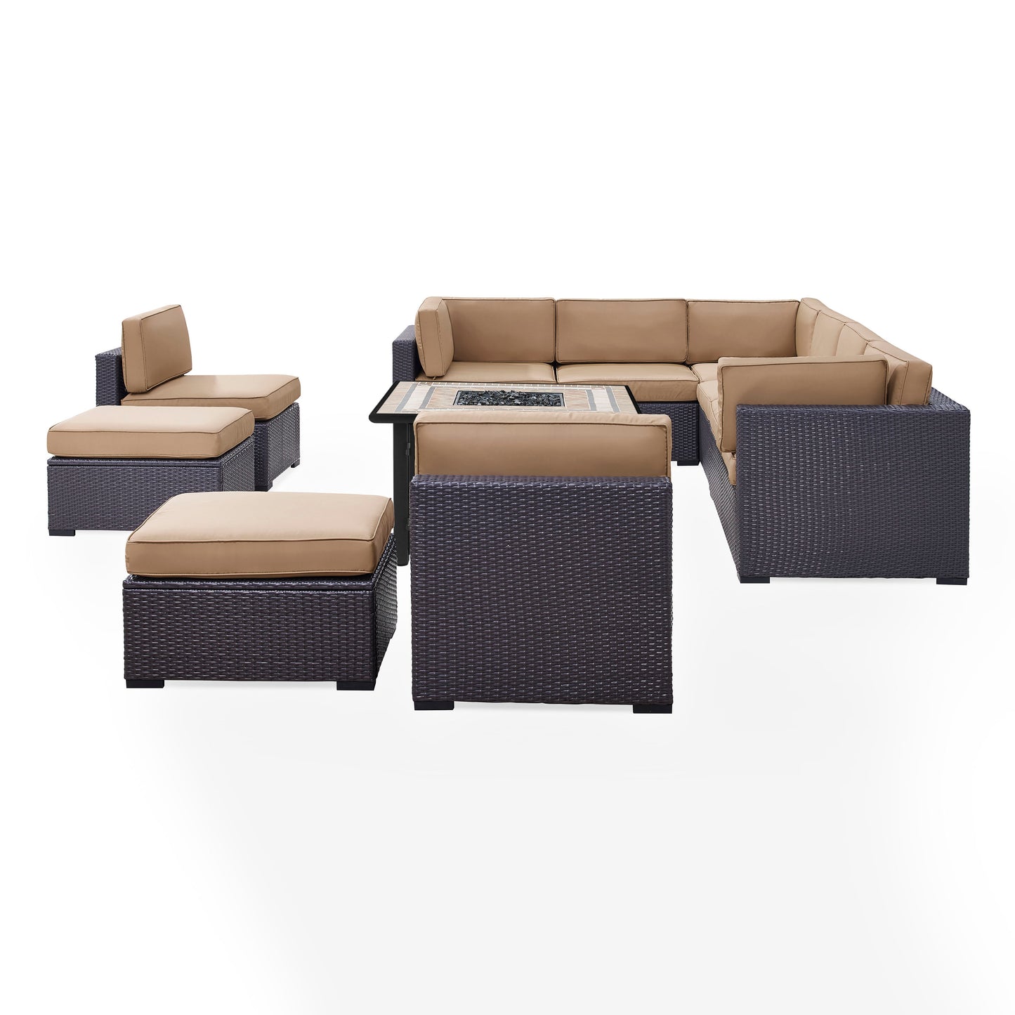 Biscayne 8Pc Outdoor Wicker Sectional Set W/Fire Table Mocha/Brown - 3 Loveseats, 2 Armless Chairs, 2 Ottomans, & Tucson Fire Table