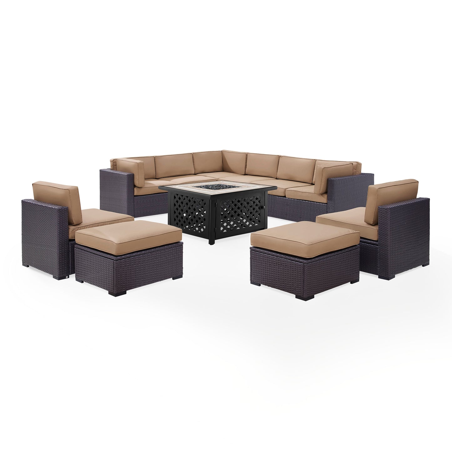 Biscayne 8Pc Outdoor Wicker Sectional Set W/Fire Table Mocha/Brown - 3 Loveseats, 2 Armless Chairs, 2 Ottomans, & Tucson Fire Table