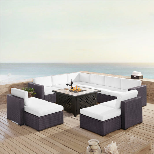 Biscayne 8Pc Outdoor Wicker Sectional Set W/Fire Table White/Brown - 3 Loveseats, 2 Armless Chairs, 2 Ottomans, & Tucson Fire Table