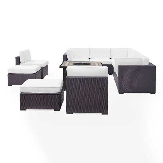 Biscayne 8Pc Outdoor Wicker Sectional Set W/Fire Table White/Brown - 3 Loveseats, 2 Armless Chairs, 2 Ottomans, & Tucson Fire Table