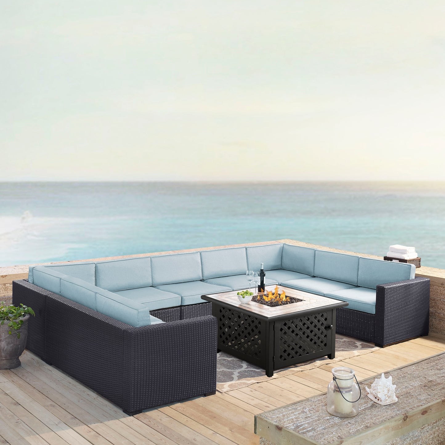 Biscayne 6Pc Outdoor Wicker Sectional Set W/Fire Table Mist/Brown - Armless Chair, Tucson Fire Table, & 4 Loveseats