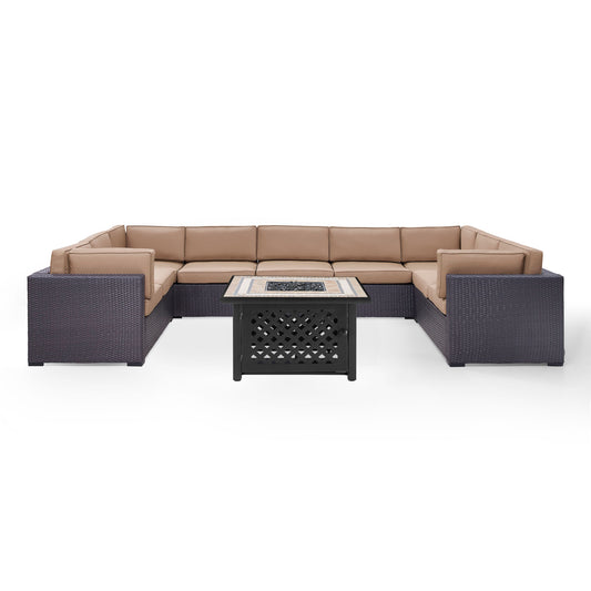 Biscayne 6Pc Outdoor Wicker Sectional Set W/Fire Table Mocha/Brown - Armless Chair, Tucson Fire Table, & 4 Loveseats