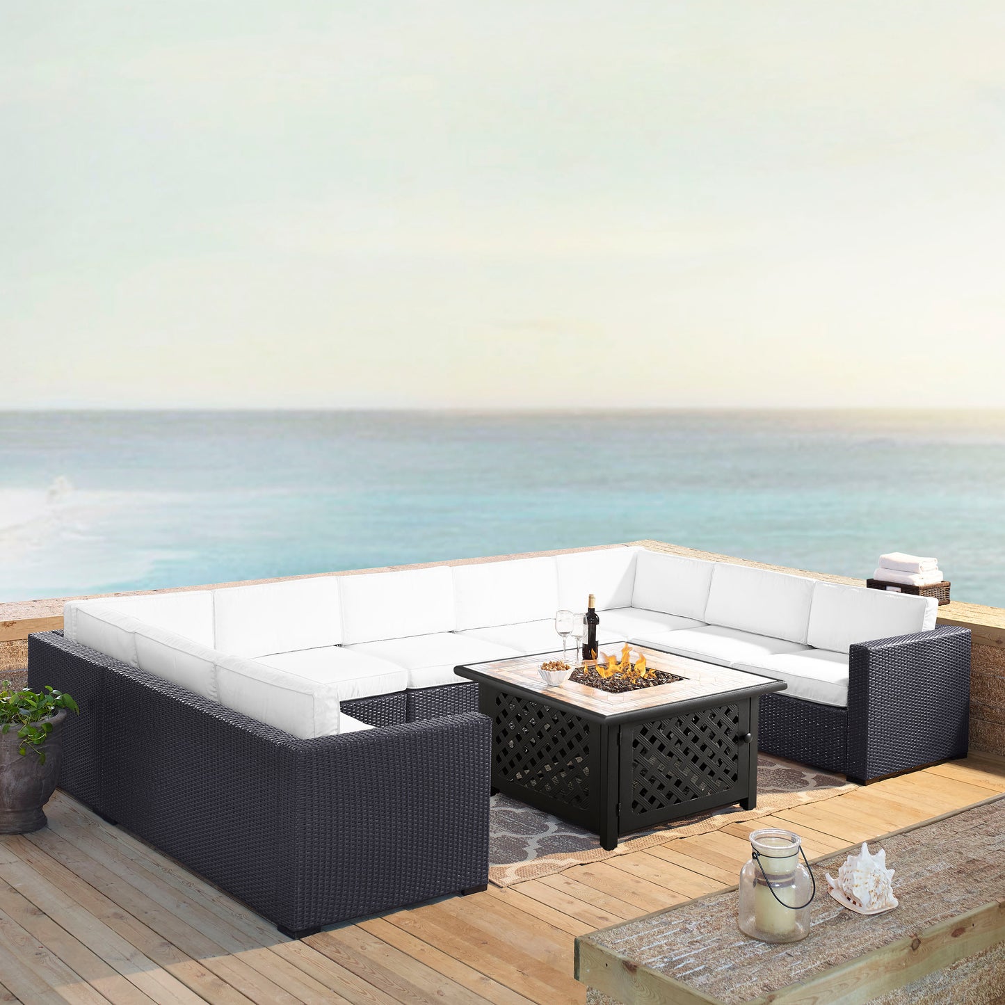 Biscayne 6Pc Outdoor Wicker Sectional Set W/Fire Table White/Brown - Armless Chair, Tucson Fire Table, & 4 Loveseats