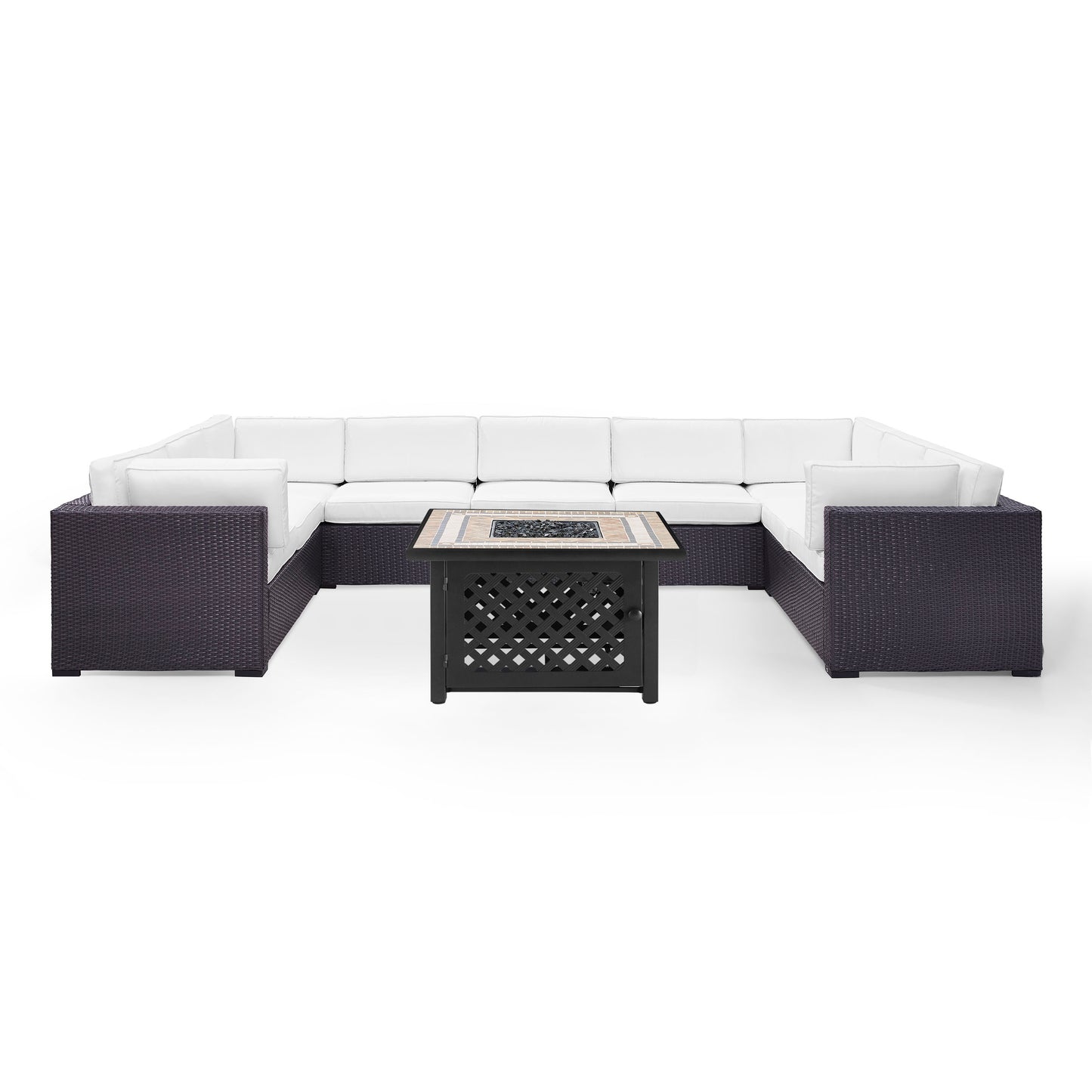 Biscayne 6Pc Outdoor Wicker Sectional Set W/Fire Table White/Brown - Armless Chair, Tucson Fire Table, & 4 Loveseats