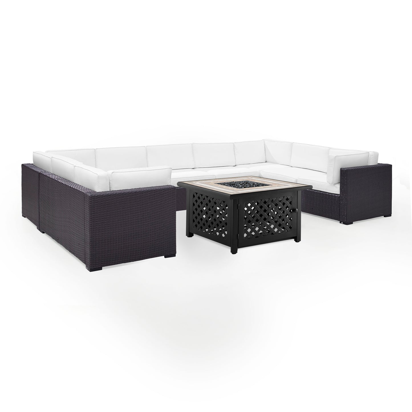 Biscayne 6Pc Outdoor Wicker Sectional Set W/Fire Table White/Brown - Armless Chair, Tucson Fire Table, & 4 Loveseats