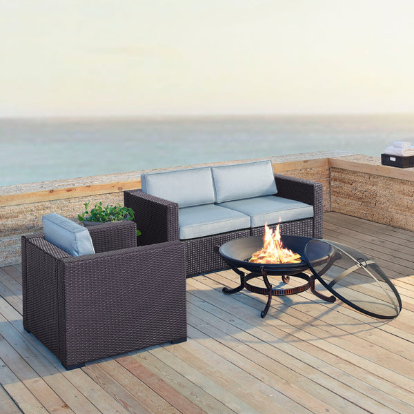 Biscayne 4Pc Outdoor Wicker Conversation Set W/Fire Pit Mist/Brown - Armchair, Ashland Firepit, & 2 Corner Chairs