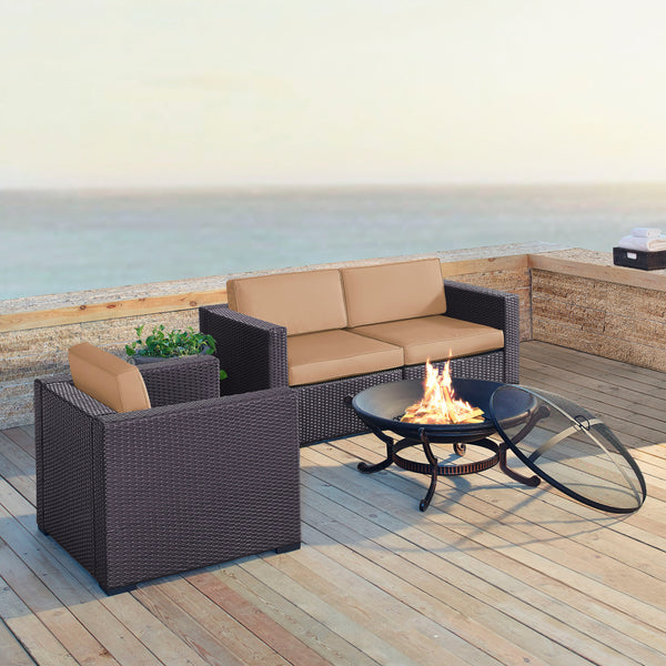 Biscayne 4Pc Outdoor Wicker Conversation Set W/Fire Pit Mocha/Brown - Armchair, Ashland Firepit, & 2 Corner Chairs