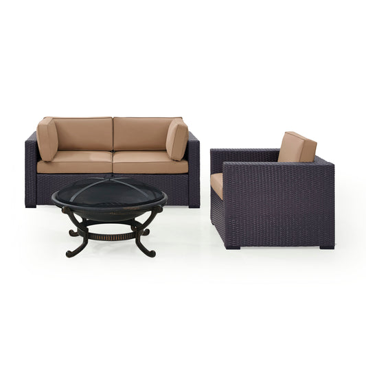 Biscayne 4Pc Outdoor Wicker Conversation Set W/Fire Pit Mocha/Brown - Armchair, Ashland Firepit, & 2 Corner Chairs