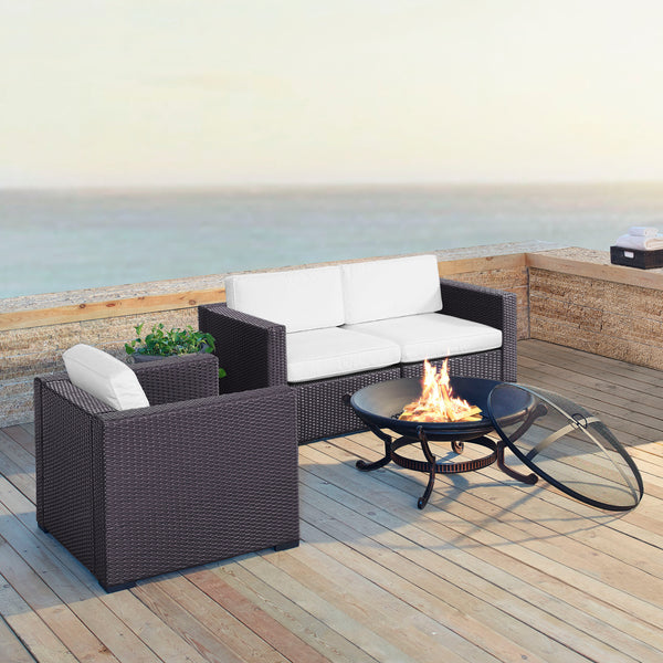 Biscayne 4Pc Outdoor Wicker Conversation Set W/Fire Pit White/Brown - Armchair, Ashland Firepit, & 2 Corner Chairs