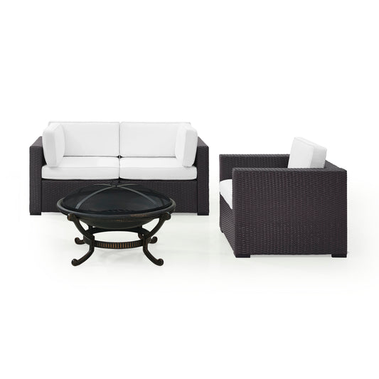 Biscayne 4Pc Outdoor Wicker Conversation Set W/Fire Pit White/Brown - Armchair, Ashland Firepit, & 2 Corner Chairs