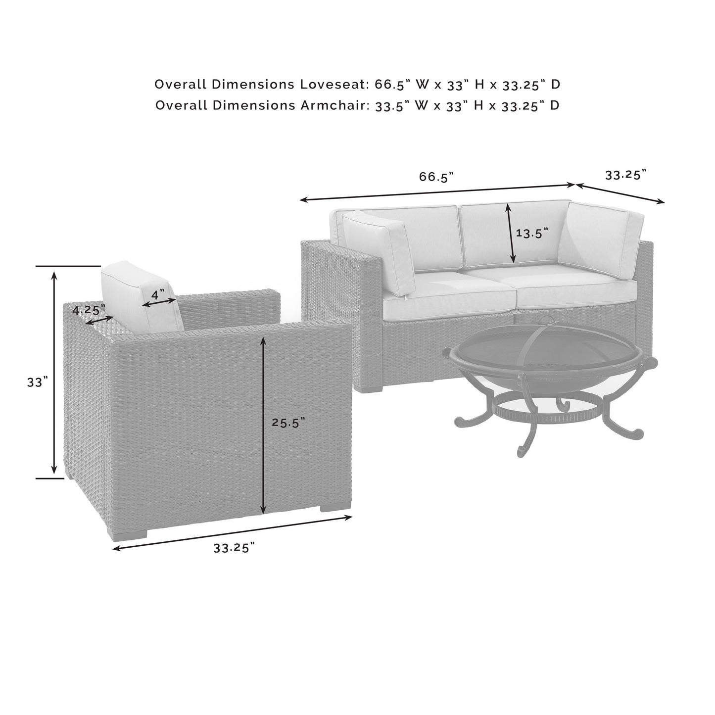 Biscayne 4Pc Outdoor Wicker Conversation Set W/Fire Pit White/Brown - Armchair, Ashland Firepit, & 2 Corner Chairs