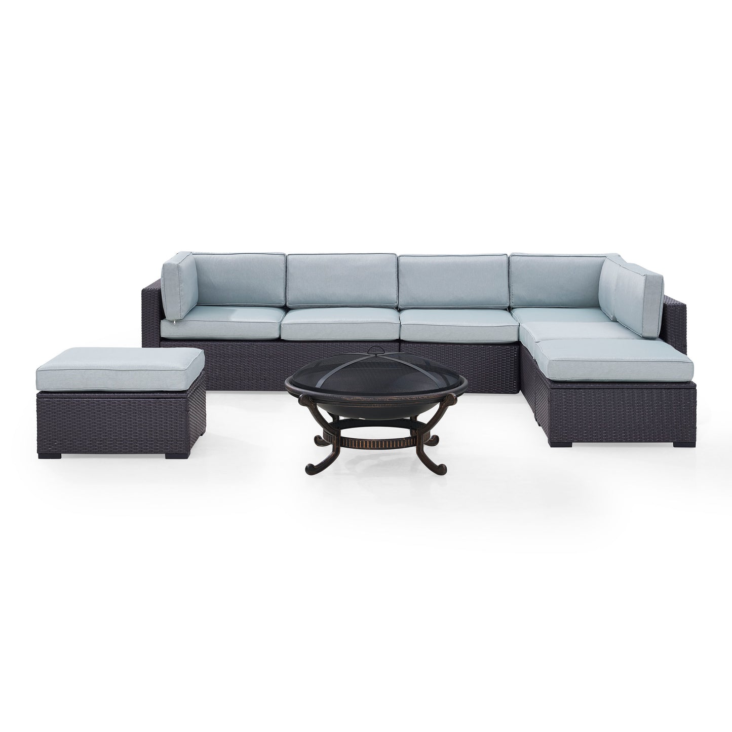 Biscayne 6Pc  Outdoor Wicker Sectional Set W/Fire Pit Mist/Brown - Ashland Firepit, 2 Loveseats,  Armless Chair, & 2 Ottomans