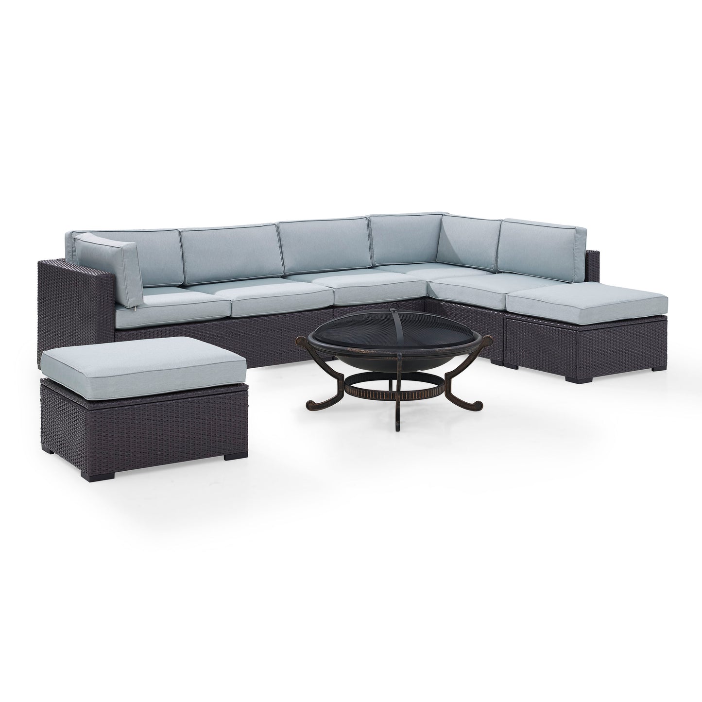 Biscayne 6Pc  Outdoor Wicker Sectional Set W/Fire Pit Mist/Brown - Ashland Firepit, 2 Loveseats,  Armless Chair, & 2 Ottomans