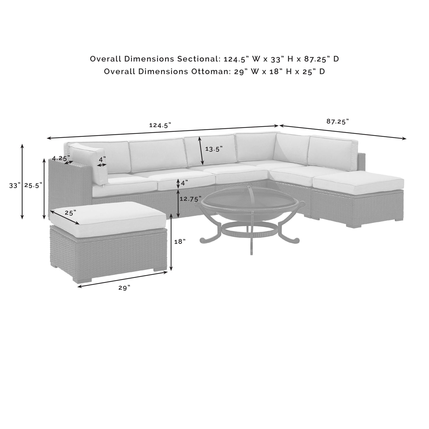 Biscayne 6Pc  Outdoor Wicker Sectional Set W/Fire Pit Mist/Brown - Ashland Firepit, 2 Loveseats,  Armless Chair, & 2 Ottomans