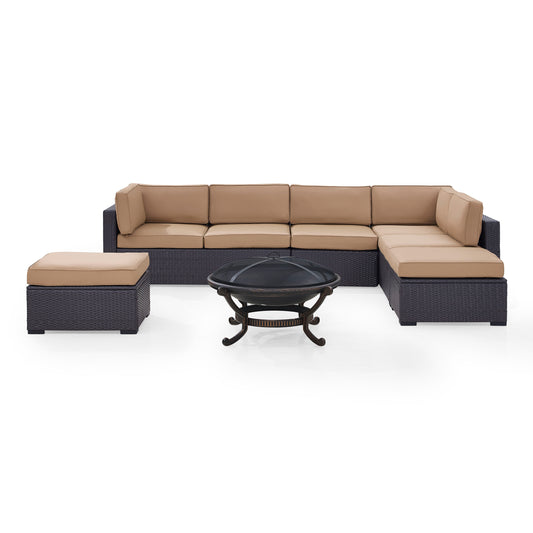 Biscayne 6Pc  Outdoor Wicker Sectional Set W/Fire Pit Mocha/Brown - Ashland Firepit, 2 Loveseats,  Armless Chair, & 2 Ottomans