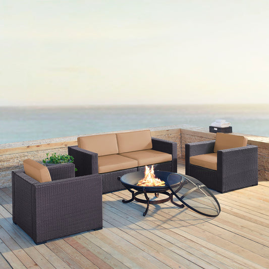 Biscayne 5Pc Outdoor Wicker Conversation Set W/Fire Pit Mocha/Brown - Ashland Firepit, 2 Armchairs, & 2 Corner Chairs