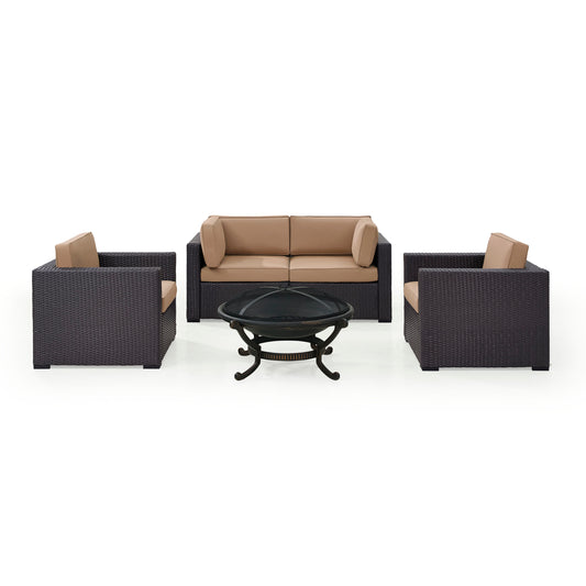 Biscayne 5Pc Outdoor Wicker Conversation Set W/Fire Pit Mocha/Brown - Ashland Firepit, 2 Armchairs, & 2 Corner Chairs