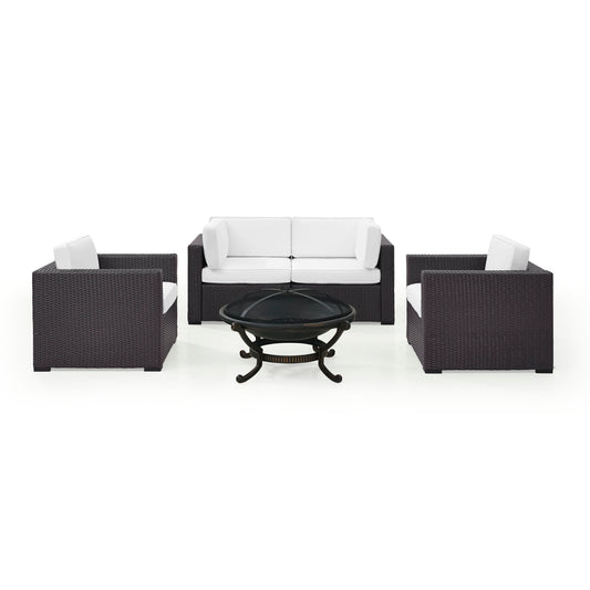 Biscayne 5Pc Outdoor Wicker Conversation Set W/Fire Pit White/Brown - Ashland Firepit, 2 Armchairs, & 2 Corner Chairs