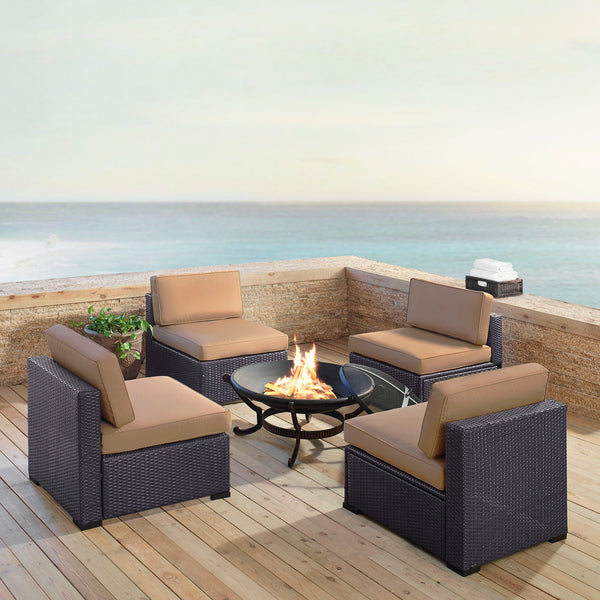 Biscayne 5Pc Outdoor Wicker Conversation Set W/Fire Pit Mocha/Brown - Ashland Firepit & 4 Armless Chairs