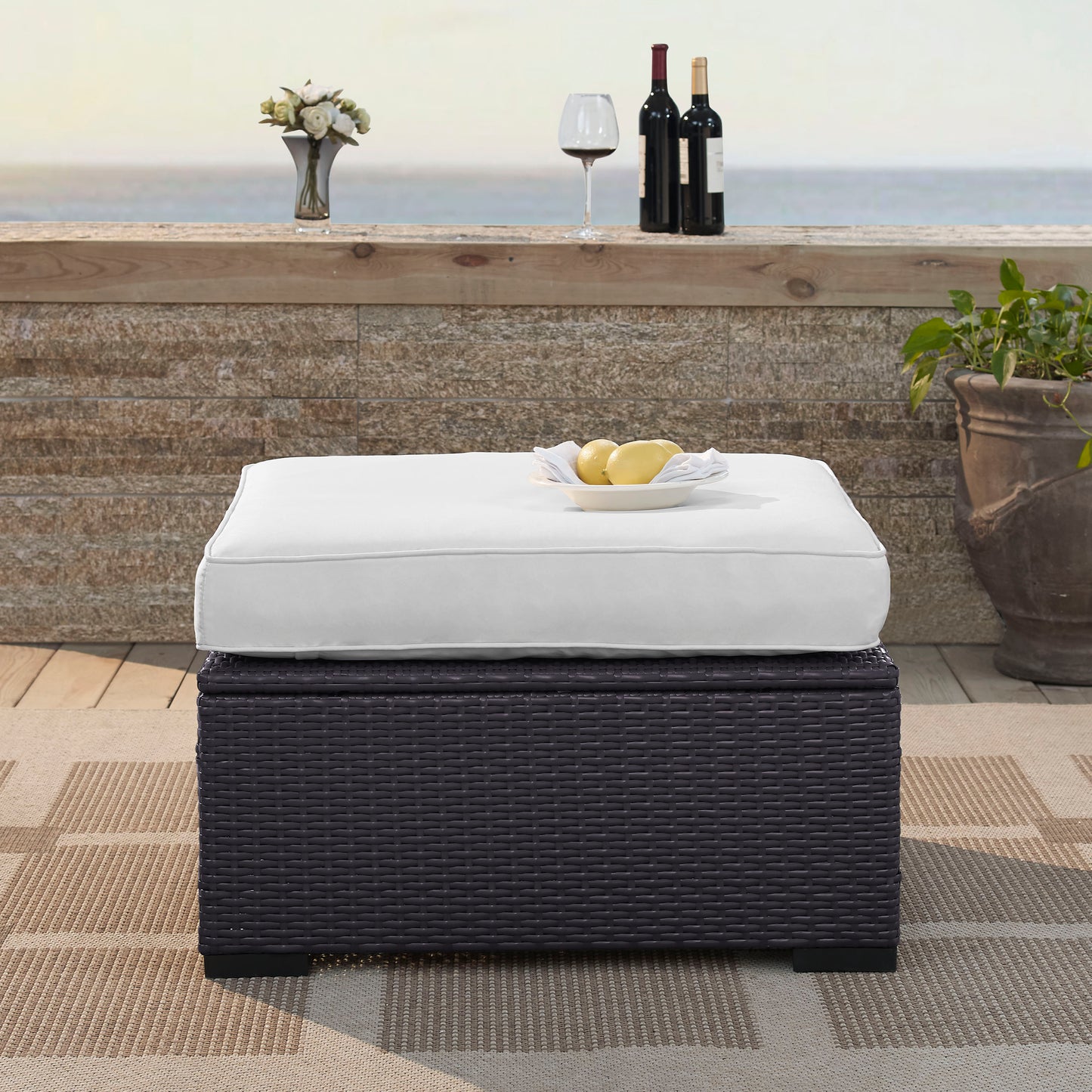 Biscayne Outdoor Wicker Ottoman White/Brown