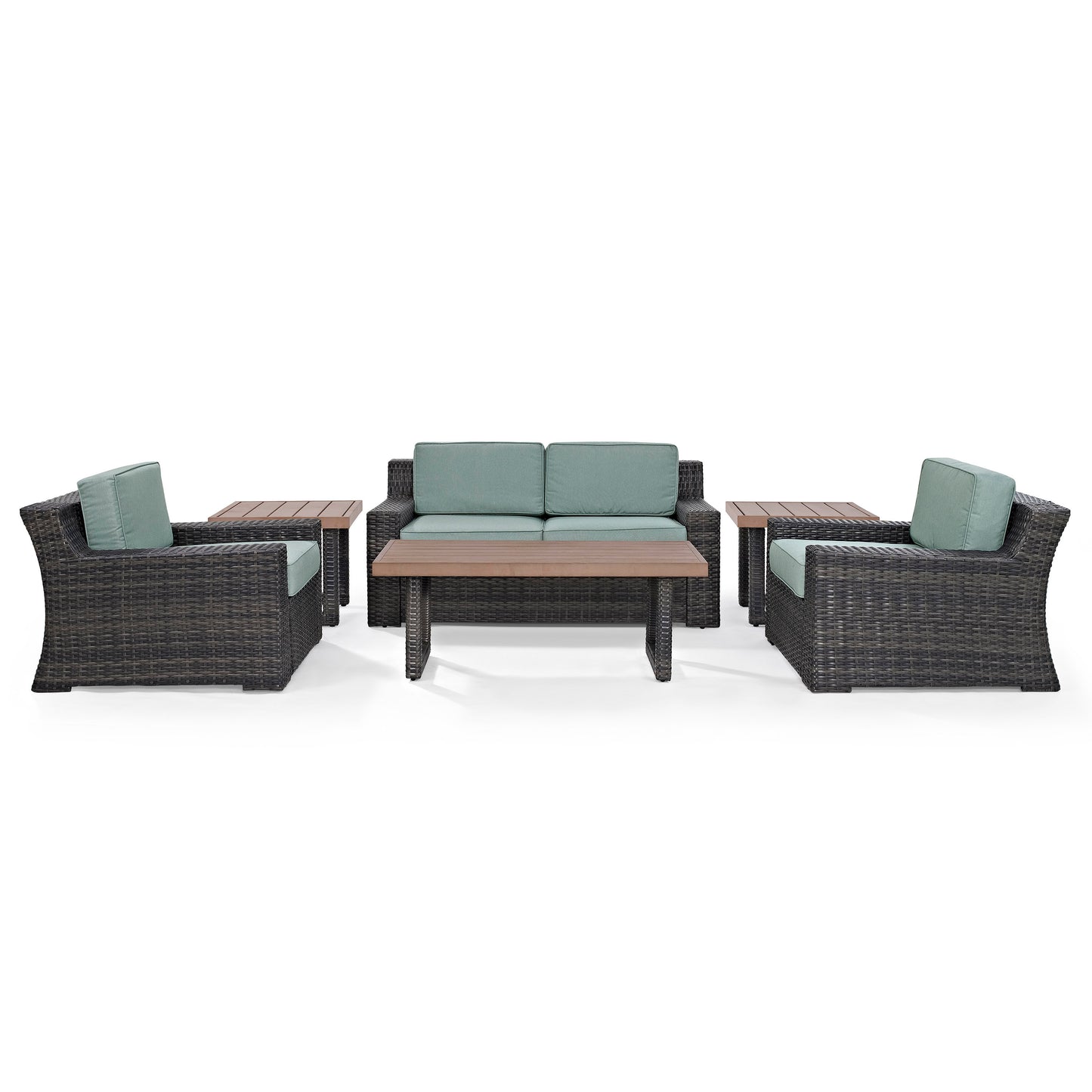 Beaufort 6Pc Outdoor Wicker Conversation Set Mist/Brown - Loveseat, Coffee Table, 2 Chairs, & 2 Side Tables