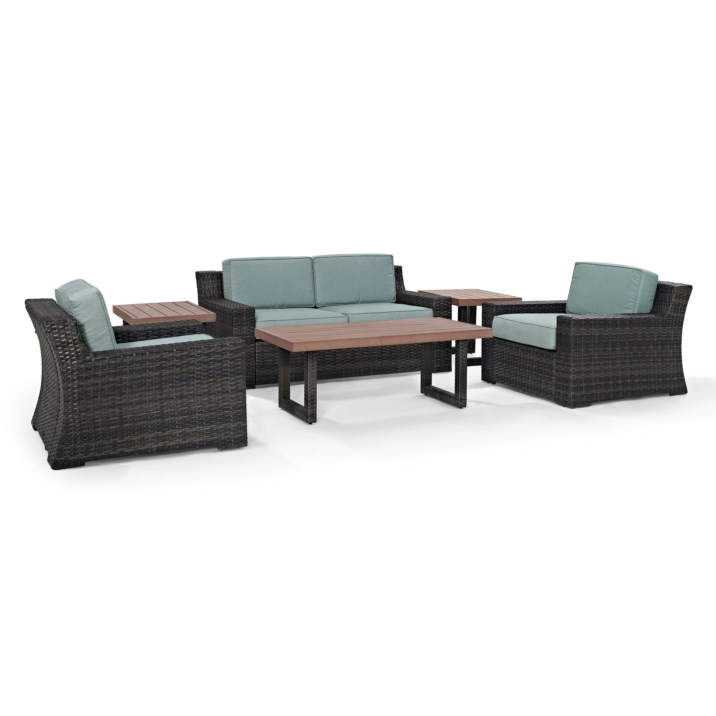 Beaufort 6Pc Outdoor Wicker Conversation Set Mist/Brown - Loveseat, Coffee Table, 2 Chairs, & 2 Side Tables