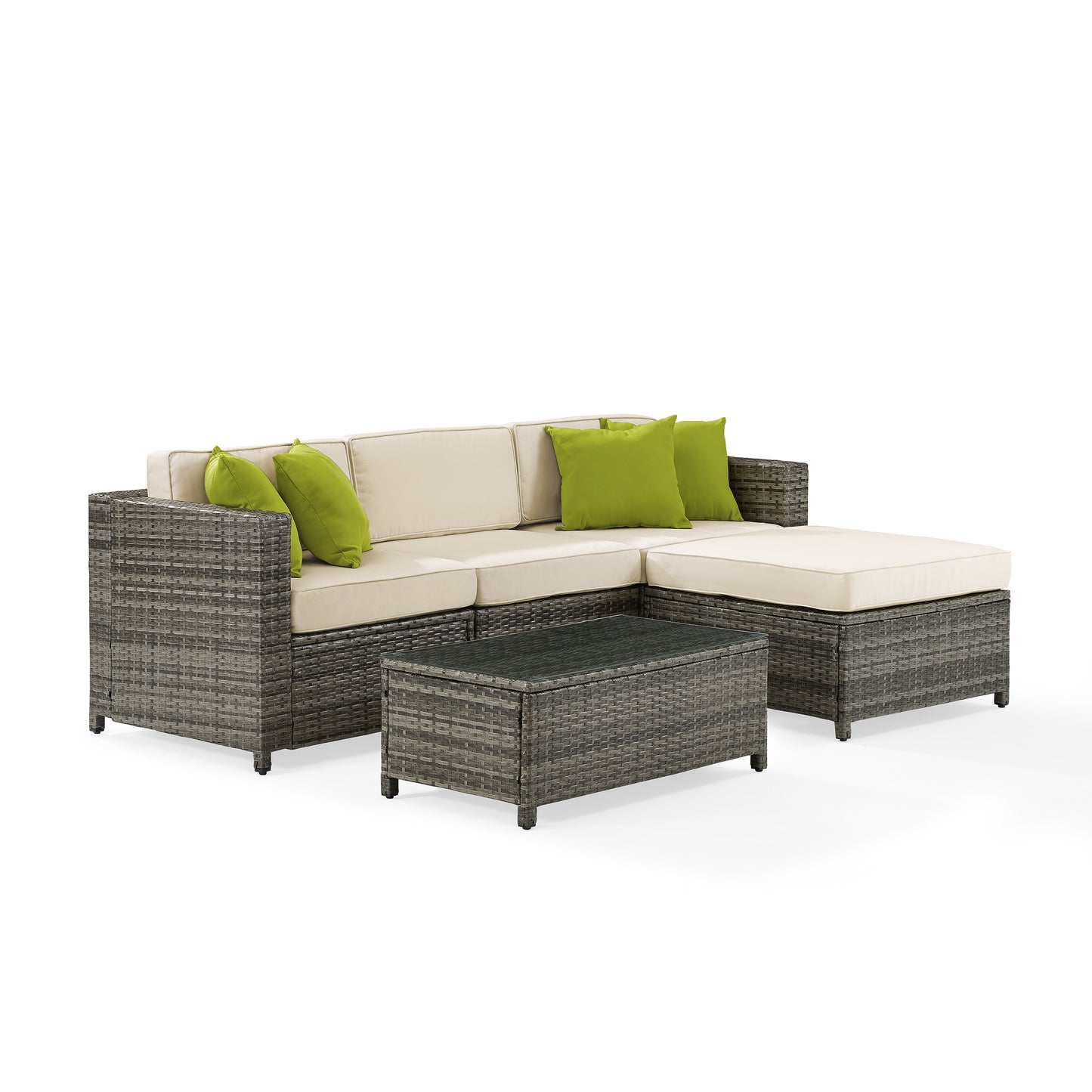 Sea Island 5Pc Outdoor Wicker Sectional Set Creme/Gray - Armless Chair, Coffee Table, Ottoman, 2 Corner Chairs, & 4 Throw Pillows