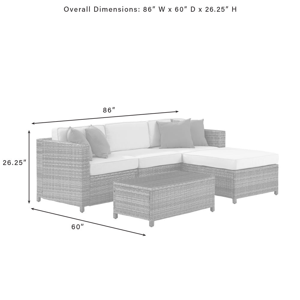 Sea Island 5Pc Outdoor Wicker Sectional Set Creme/Gray - Armless Chair, Coffee Table, Ottoman, 2 Corner Chairs, & 4 Throw Pillows