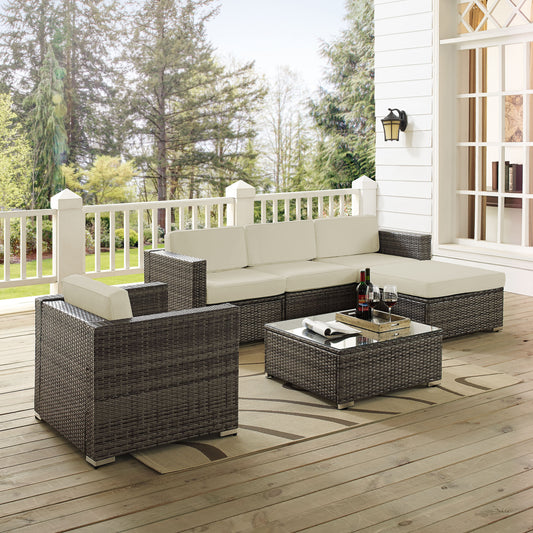 Sea Island 6Pc Outdoor Wicker Sectional Set White/Gray - Arm Chair, Armless Chair, Coffee Table, Ottoman, & 2 Corner Chairs