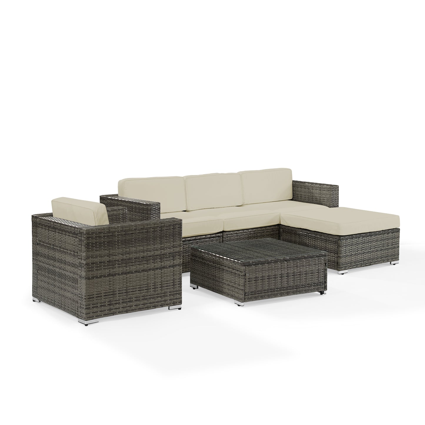 Sea Island 6Pc Outdoor Wicker Sectional Set White/Gray - Arm Chair, Armless Chair, Coffee Table, Ottoman, & 2 Corner Chairs