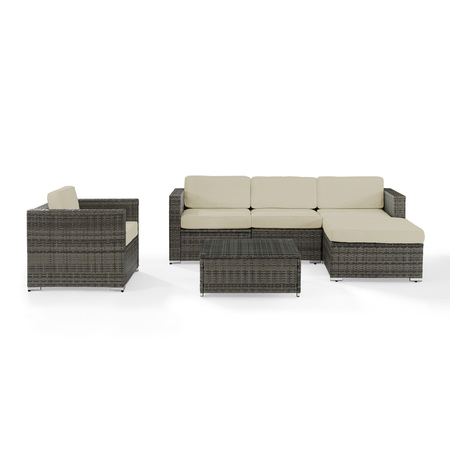 Sea Island 6Pc Outdoor Wicker Sectional Set White/Gray - Arm Chair, Armless Chair, Coffee Table, Ottoman, & 2 Corner Chairs