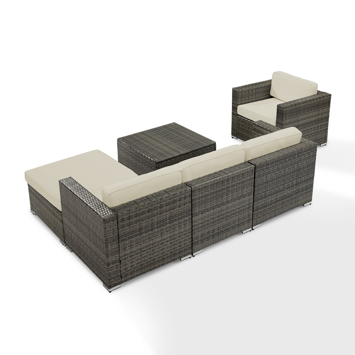 Sea Island 6Pc Outdoor Wicker Sectional Set White/Gray - Arm Chair, Armless Chair, Coffee Table, Ottoman, & 2 Corner Chairs