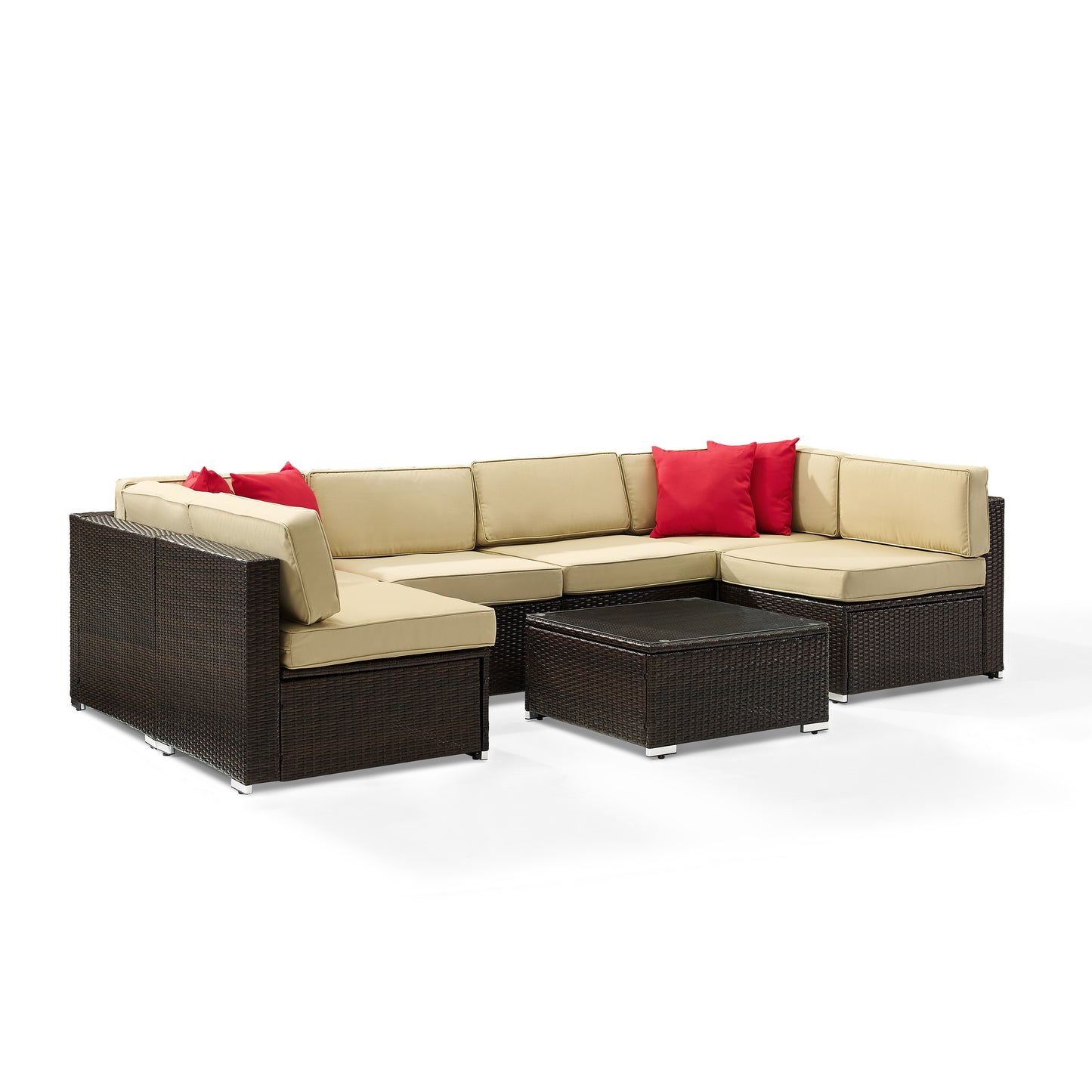 Sea Island 7Pc Outdoor Wicker Sectional Set Sand/Brown - Coffee Table, 2 Corner Chairs, 4 Armless Chairs, & 4 Throw Pillows