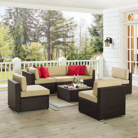 Sea Island 7Pc Outdoor Wicker Sofa Set Sand/Brown - Coffee Table, 4 Armless Chairs, 2 Corner Chairs, & 4 Throw Pillows